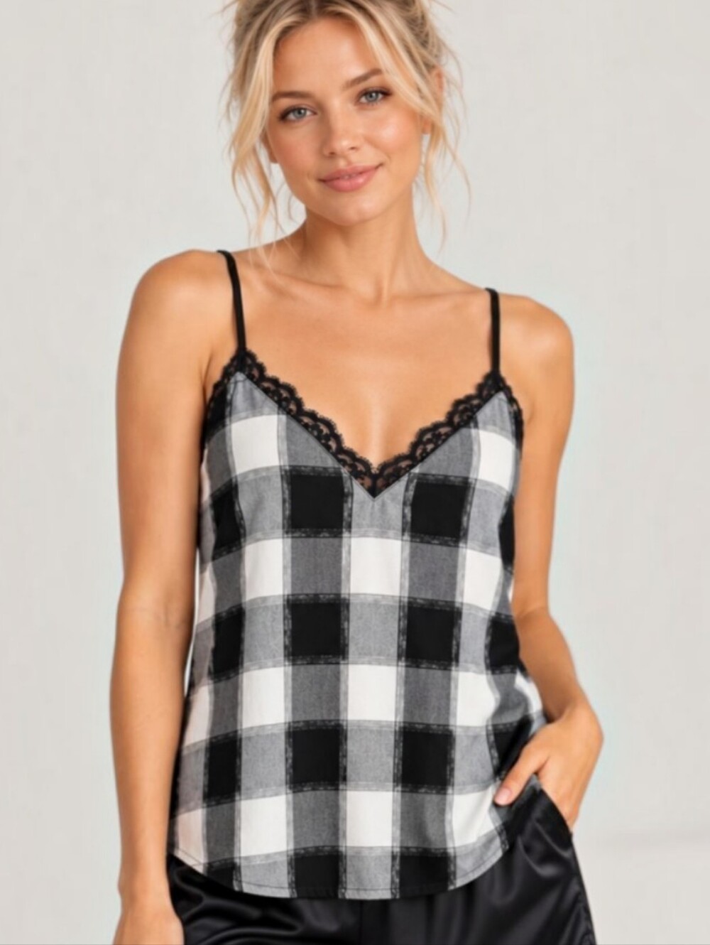 Victoria's Secret Buffalo Plaid Flannel Cami Top with Lace Trim Large